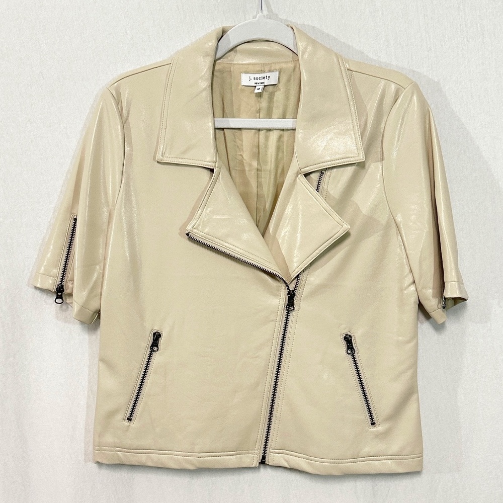 J Society Short Sleeve Moto Jacket Vegan Leather Almond Cream Sz M NWOT
